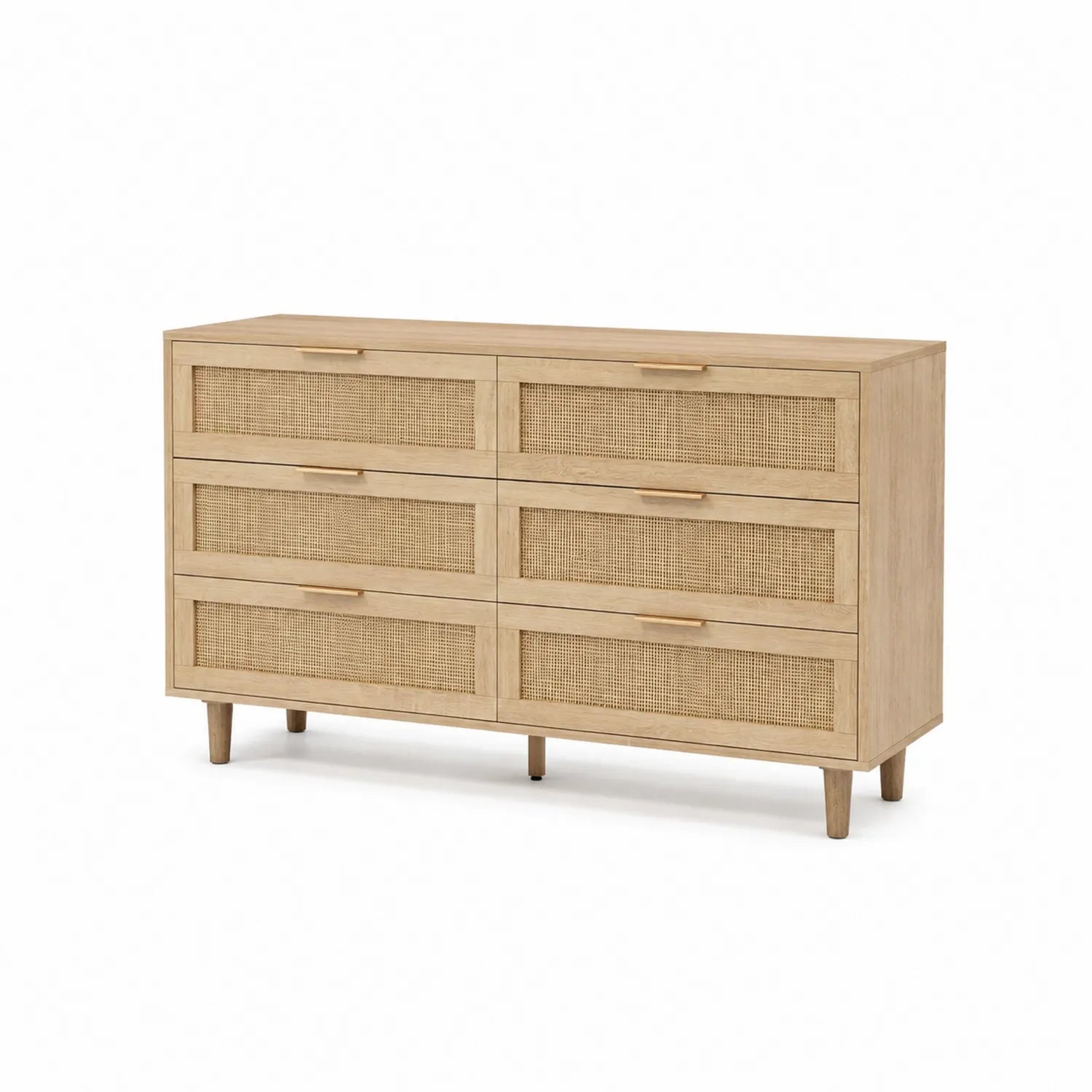 Commode en bois à 6 tiroirs avec façades en rotin