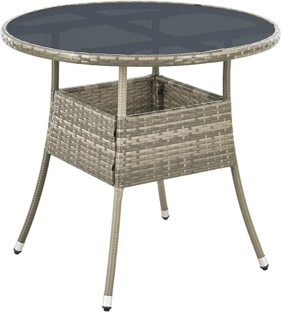 Table de Jardin Ronde en Rotin Gris avec Plateau en Verre, Ø 80 cm
