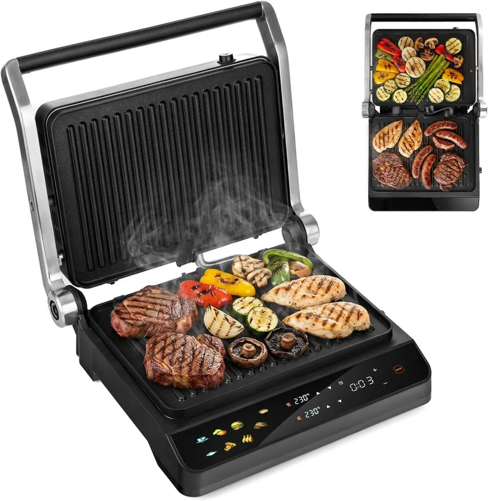 Gril électrique 2-en-1 LEHMANN pour Viande et Panini, 2000W, Ouverture 180°, Plaques Amovibles Antiadhésives, 10 Programmes, Température Réglable 90-230°C, Minuterie 1-240 min