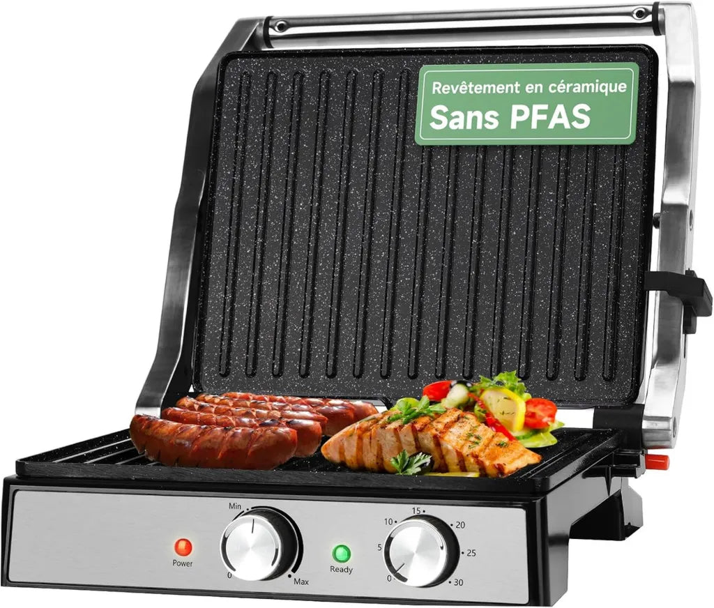 Gril électrique Aigostar, sans PFAS ni BPA, 2000W, ouverture à 180°, minuterie 30min, thermostat ajustable, revêtement en céramique antiadhésif