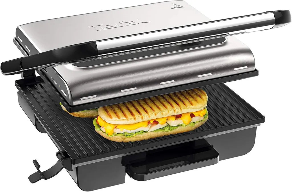 Grill Électrique Tefal Multifonction, 2000 W, 3 Thermostats, Plaques Antiadhésives, Rangement Compact, Paninis et Grillades, Noir