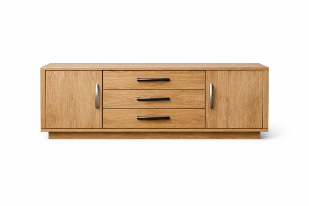 Wooden Sideboard with Oak Veneer and Black Handles