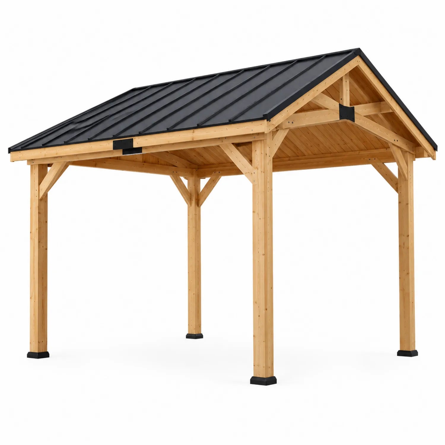 Gazebo en bois avec toit en métal noir