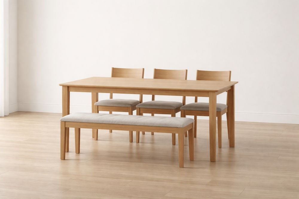 Solid Oak Dining Table Set with Four Chairs and Bench Beige Cushions