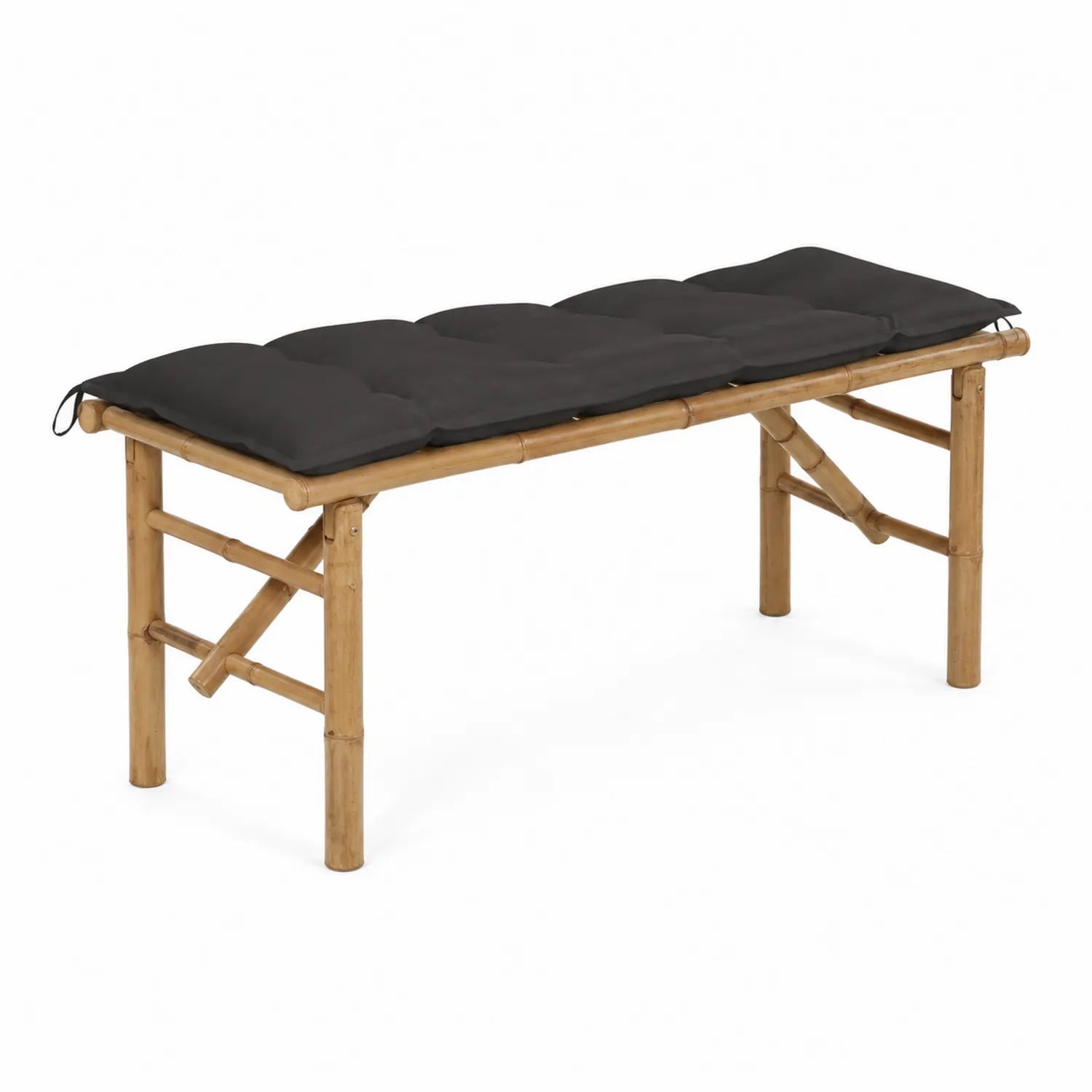 Banc en bambou avec coussin noir 120x45x42 cm