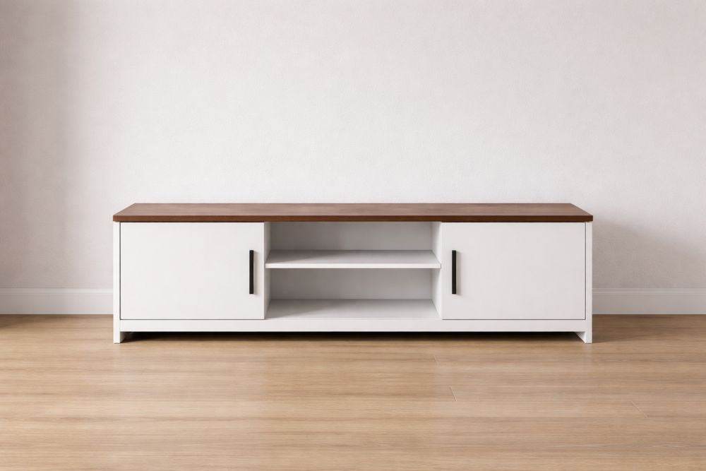 Wood Top White TV Stand with Shelves 150x35x45 cm
