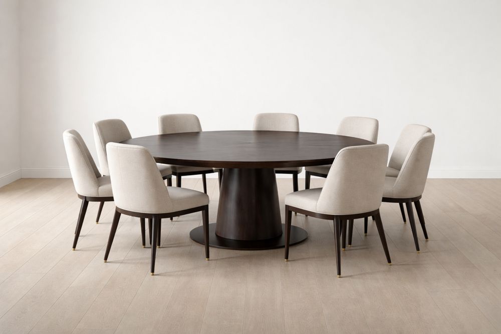 Round Wooden Dining Table with Beige Upholstered Chairs