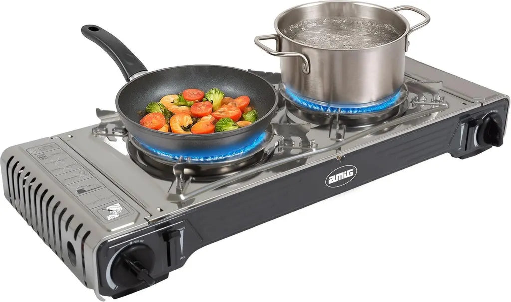Réchaud de Camping Portable avec Plancha et Grille en Fonte - Double Brûleurs - Acier Inoxydable - 4,4 kW - Compatible Cartouches B-250
