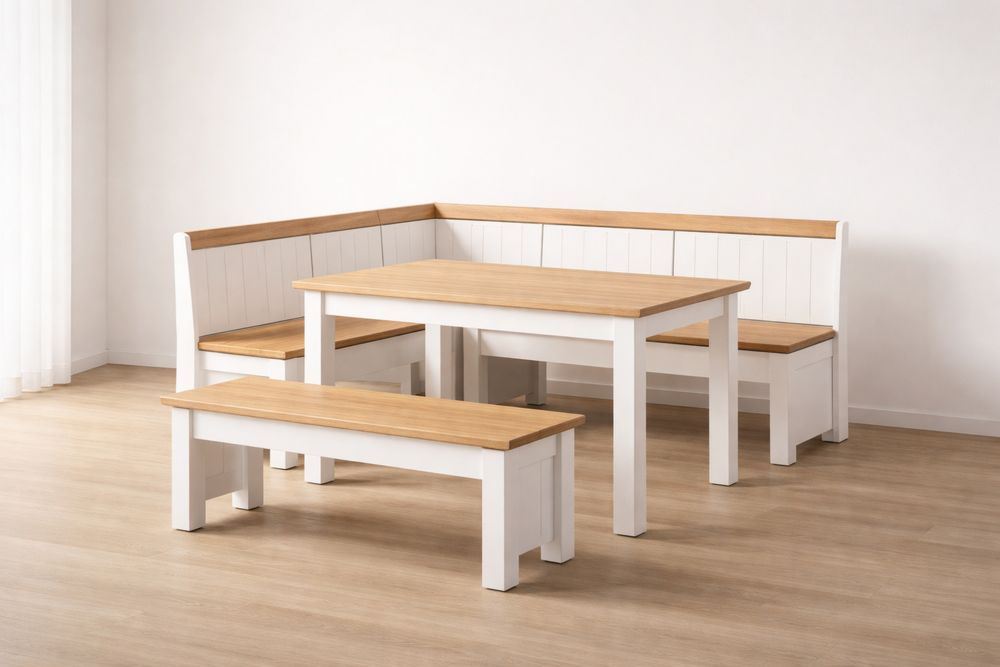 Wood Dining Nook Set with Table and Benches White/Brown Pine