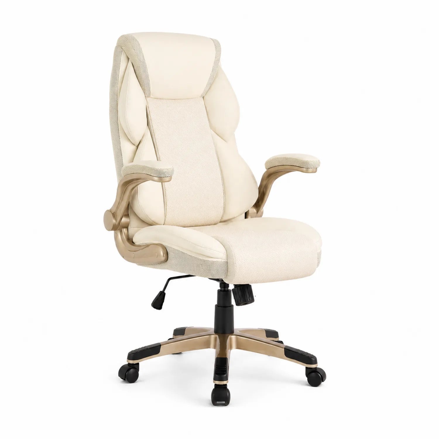 Chaise de bureau ergonomique en textile beige avec accoudoirs et base en plastique