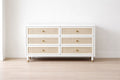 White Wood Dresser with Rattan Drawers and Brass Handles 140cm x 40cm x 75cm