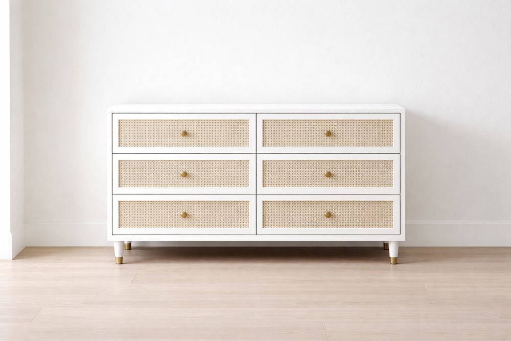 White Wood Dresser with Rattan Drawers and Brass Handles 140cm x 40cm x 75cm