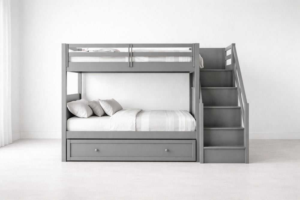 Grey Solid Wood Bunk Bed with Drawer and Stairs