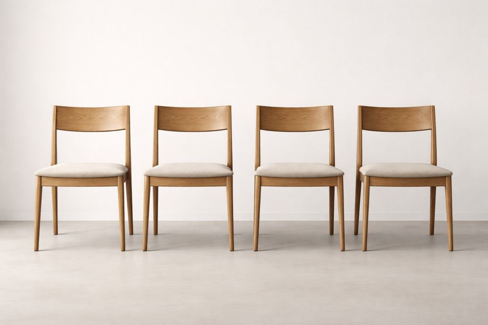 Set of 4 Oak Dining Chairs with Beige Fabric Seat Upholstery