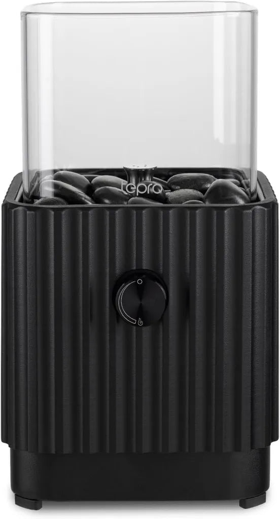 Tepro Cheminée de Table au Gaz avec Pierres Décoratives - 16 cm - Foyer Carré en Verre Noir
