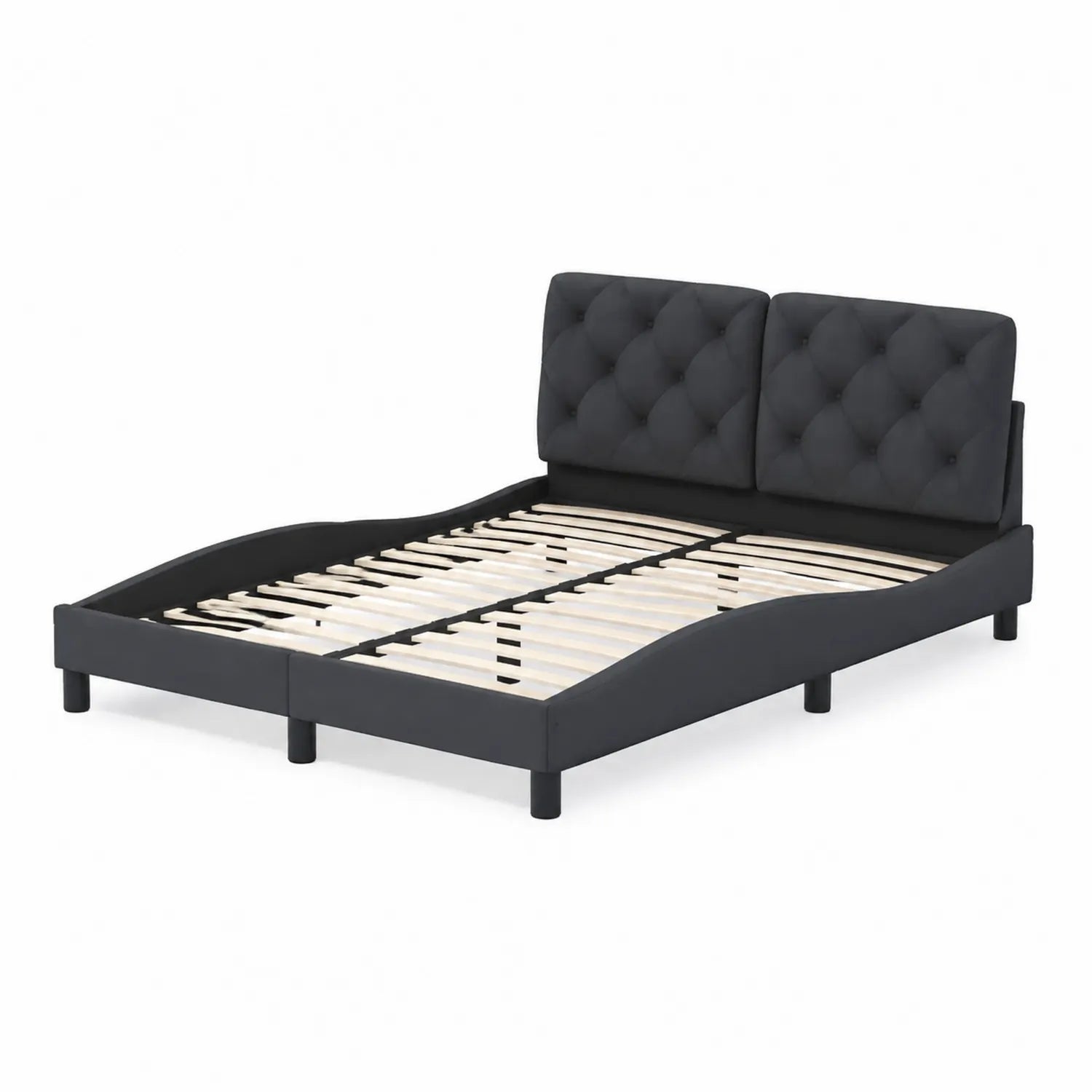 Lit double en bois et tissu avec tête de lit capitonnée noir 200x160 cm