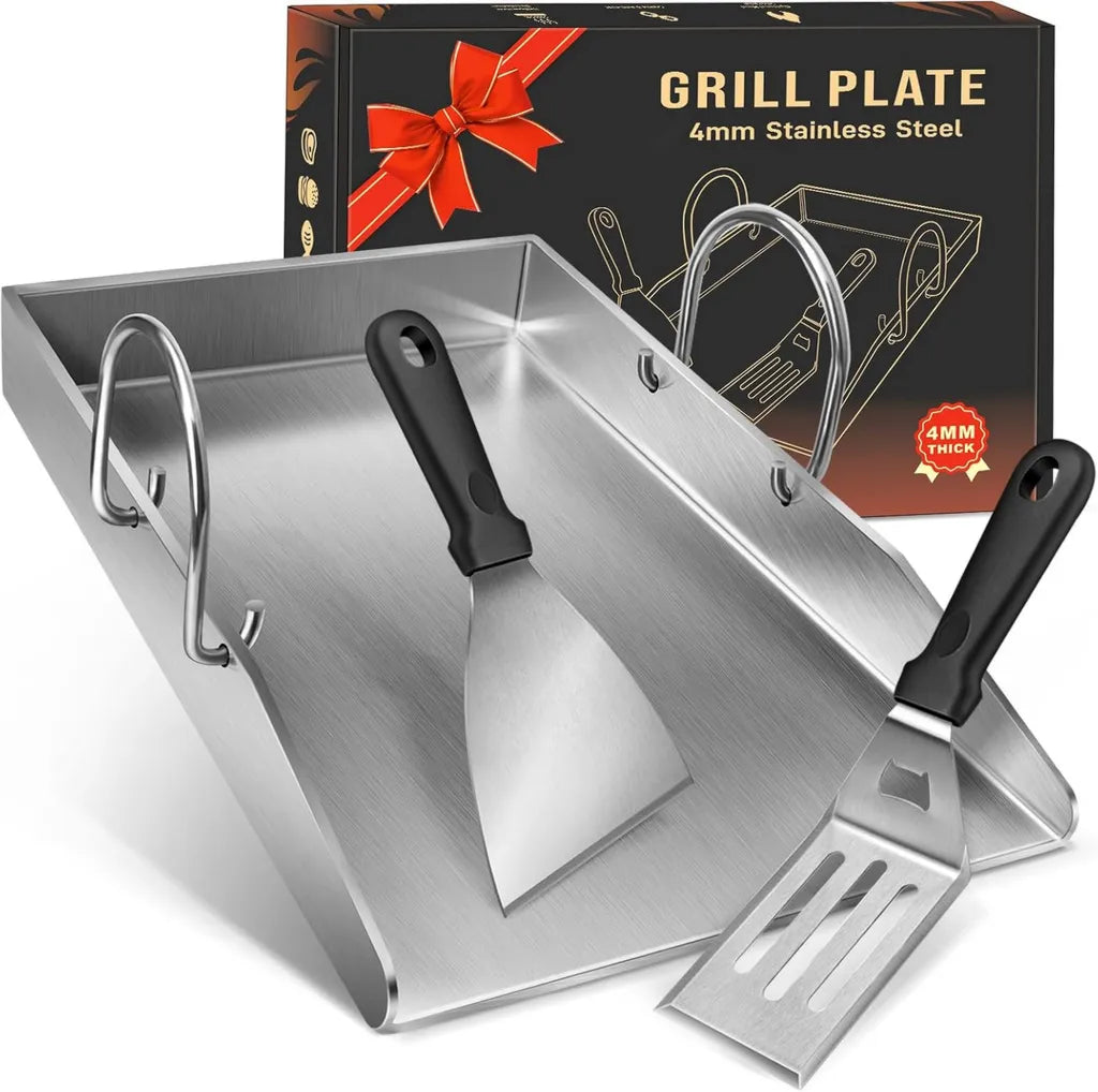 Plaque Plancha en Acier Inoxydable avec Spatules, Compatible Gaz et Charbon, 40x30cm