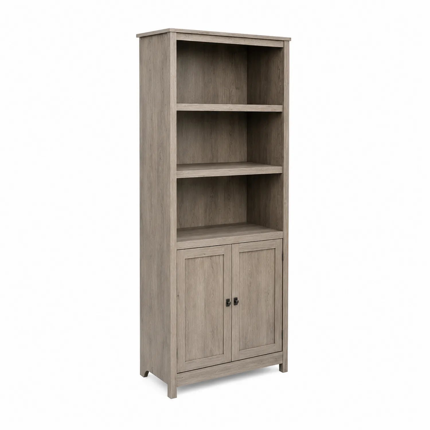 Bibliothèque en bois avec étagères et portes chêne gris