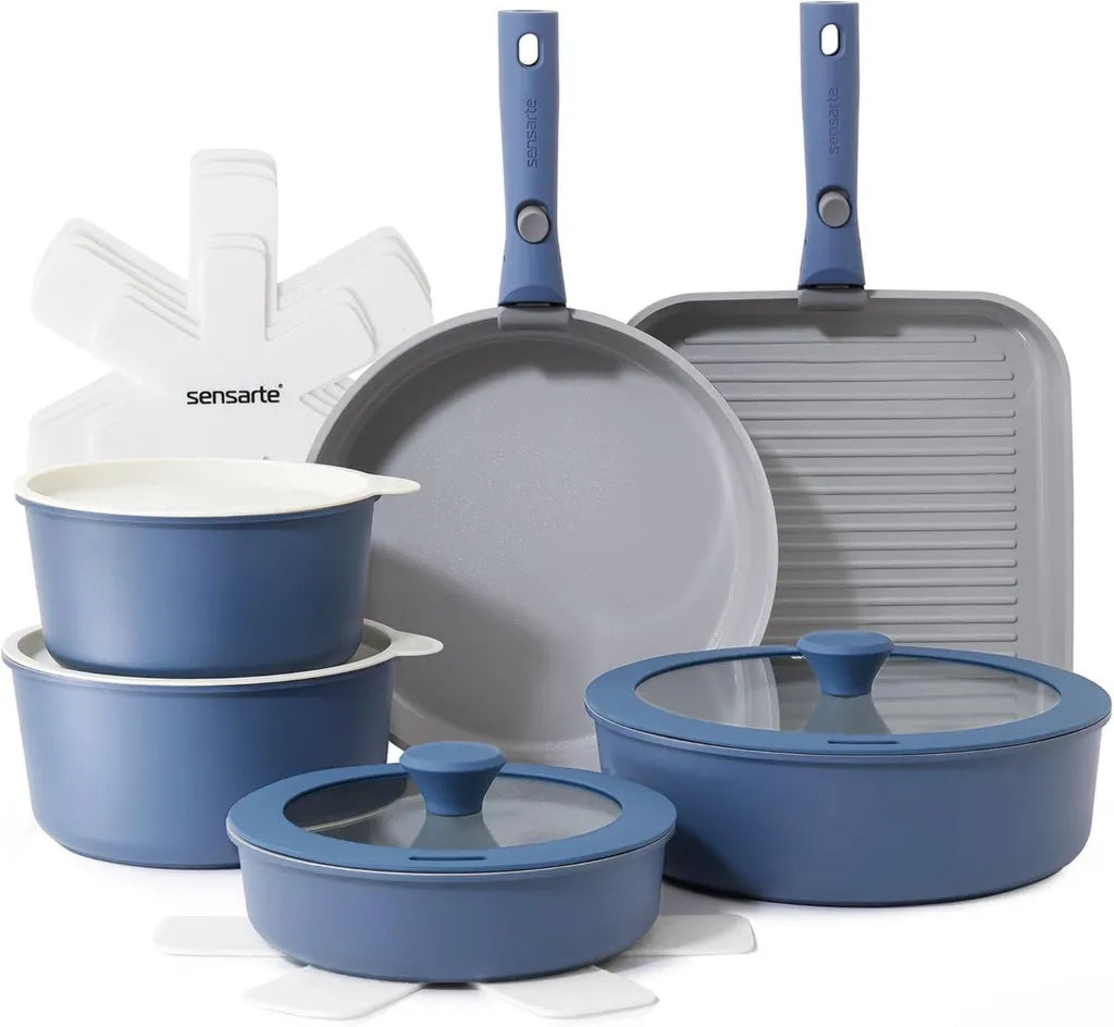 Batterie de Cuisine 17 Pièces en Céramique Antiadhésive - Compatible Induction et Gaz, Poignées Amovibles