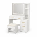 Coiffeuse avec Miroir LED et Tabouret, MDF Blanc, 100x40x140 cm