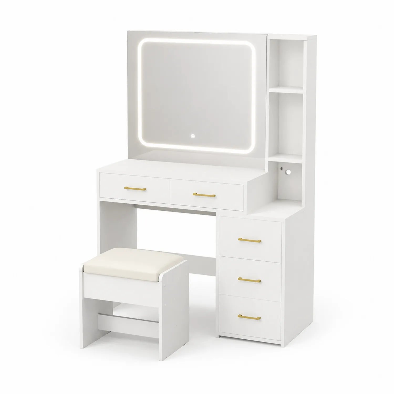 Coiffeuse avec Miroir LED et Tabouret, MDF Blanc, 100x40x140 cm
