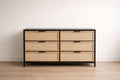 Wooden Six-Drawer Dresser with Rattan Front Black Frame