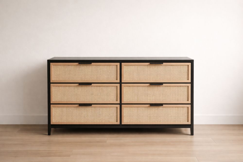 Wooden Six-Drawer Dresser with Rattan Front Black Frame