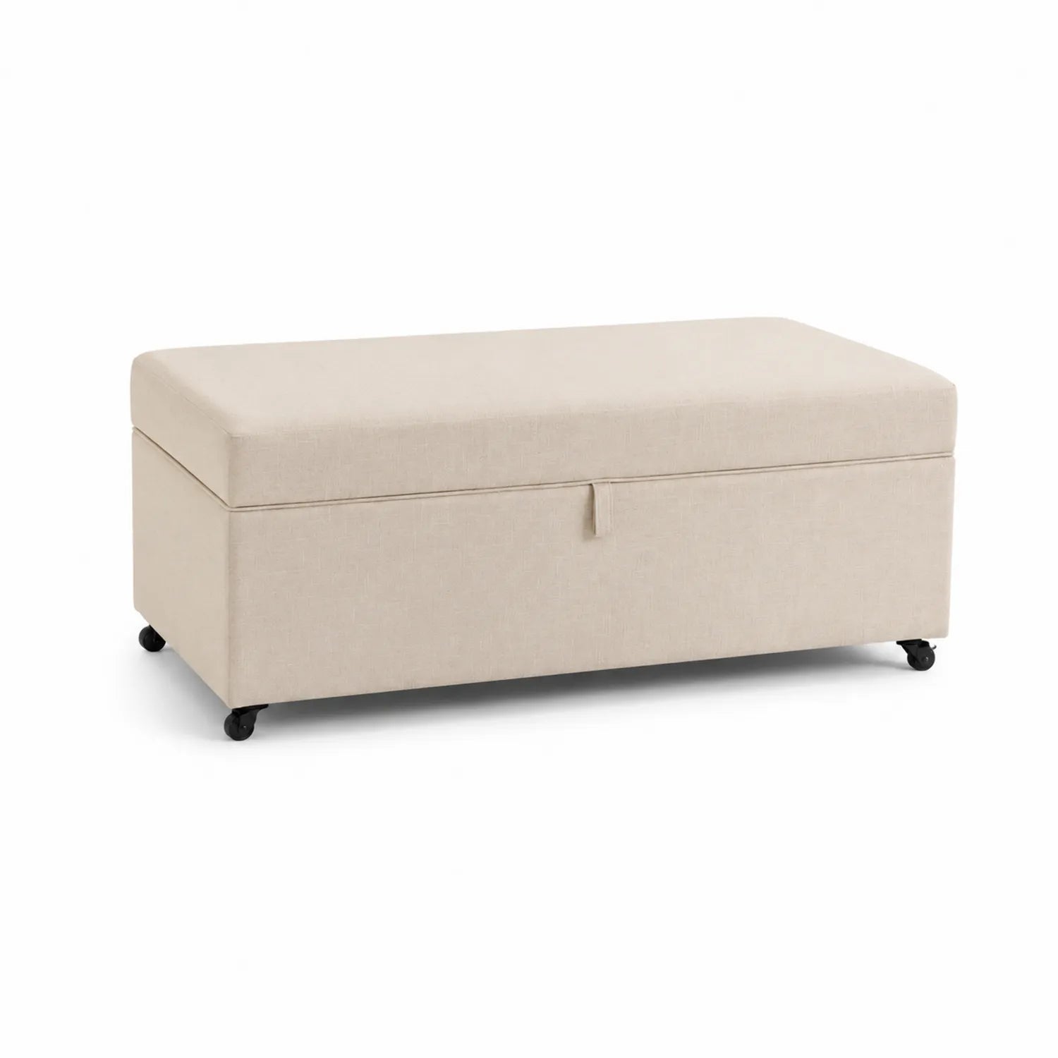 Banc de rangement en bois et tissu lin avec roulettes Beige