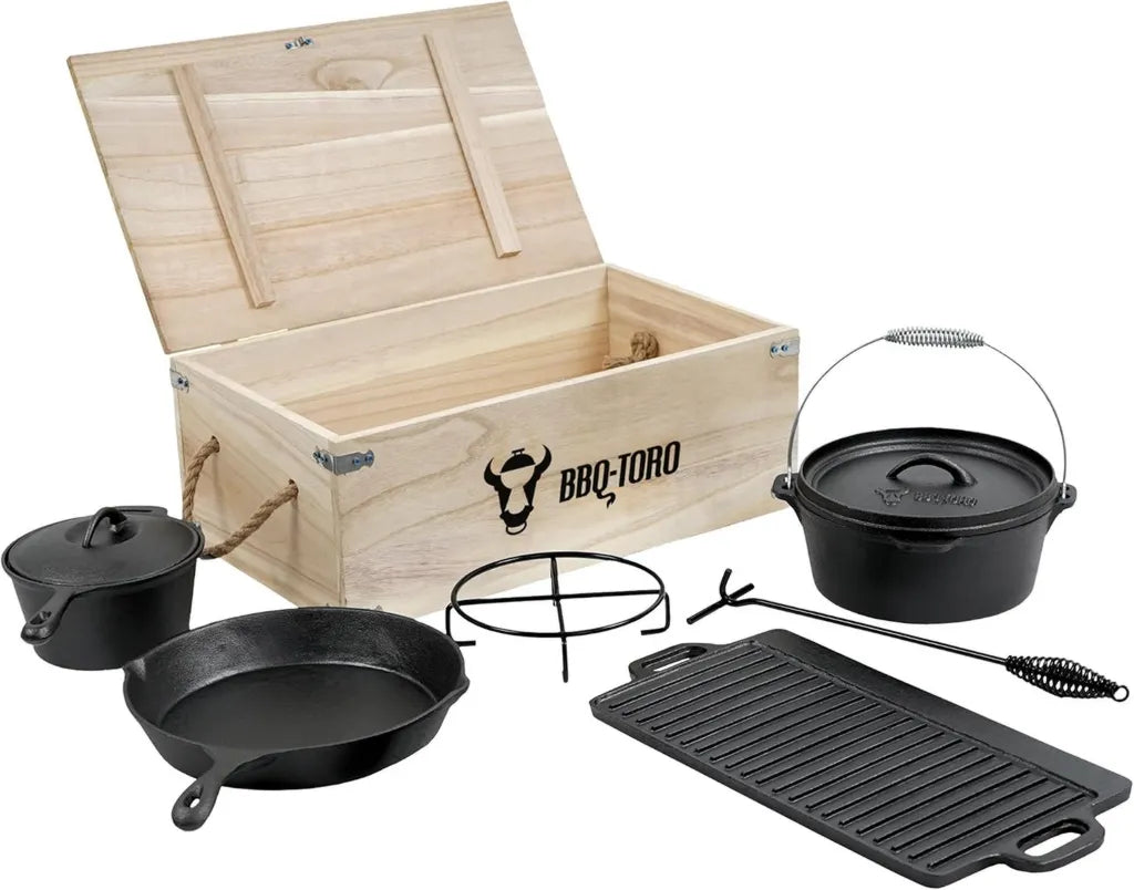 Ensemble de Cocotte en Fonte avec Coffret en Bois - Prêt à l'Emploi, 7 Pièces