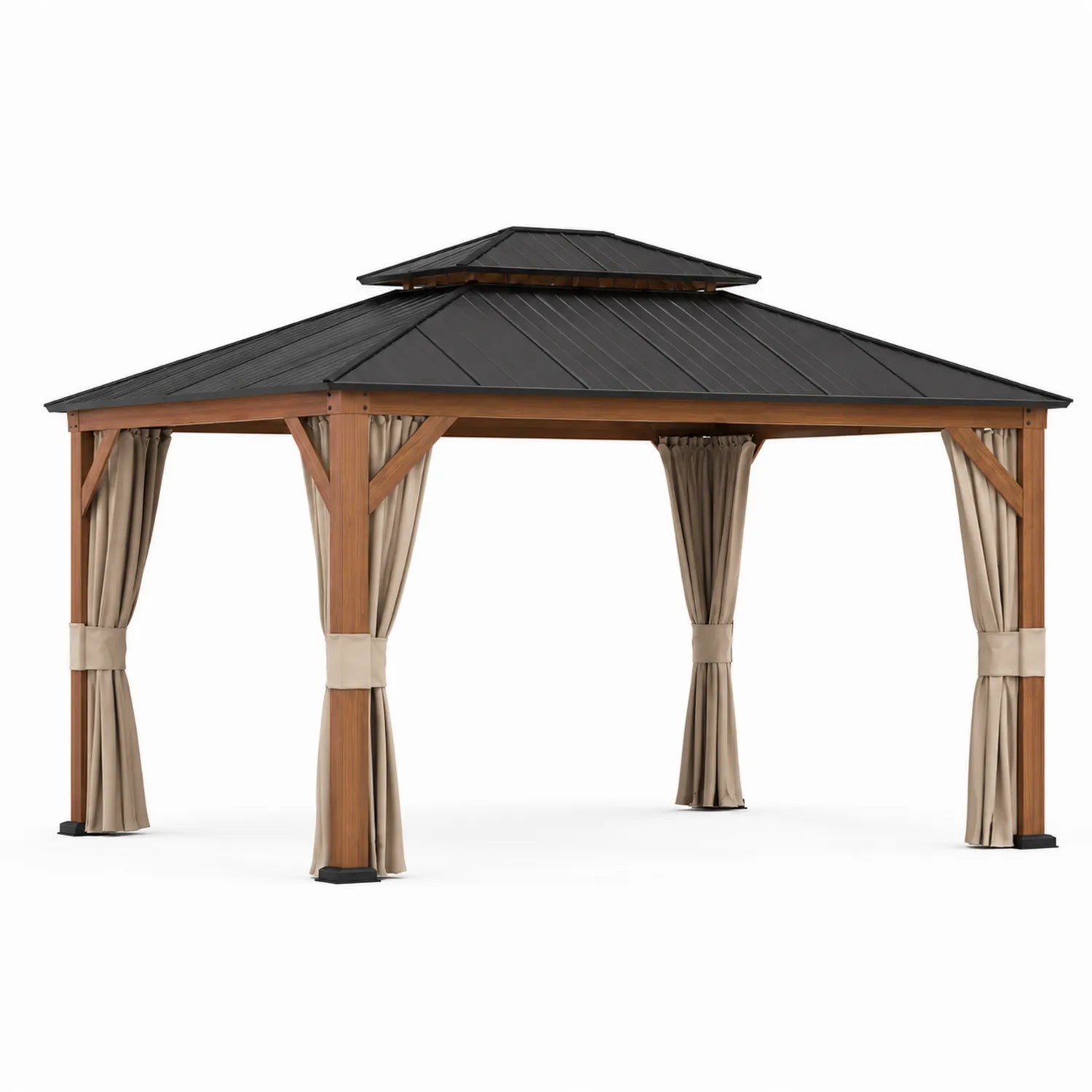 Pavillon en bois avec toit en métal et rideaux beiges