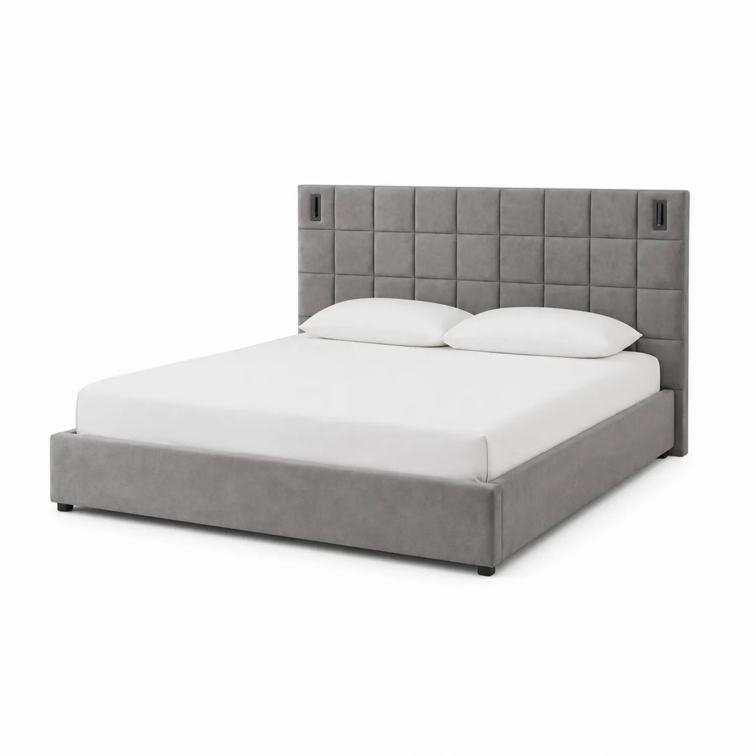 Lit double en velours gris avec tête de lit