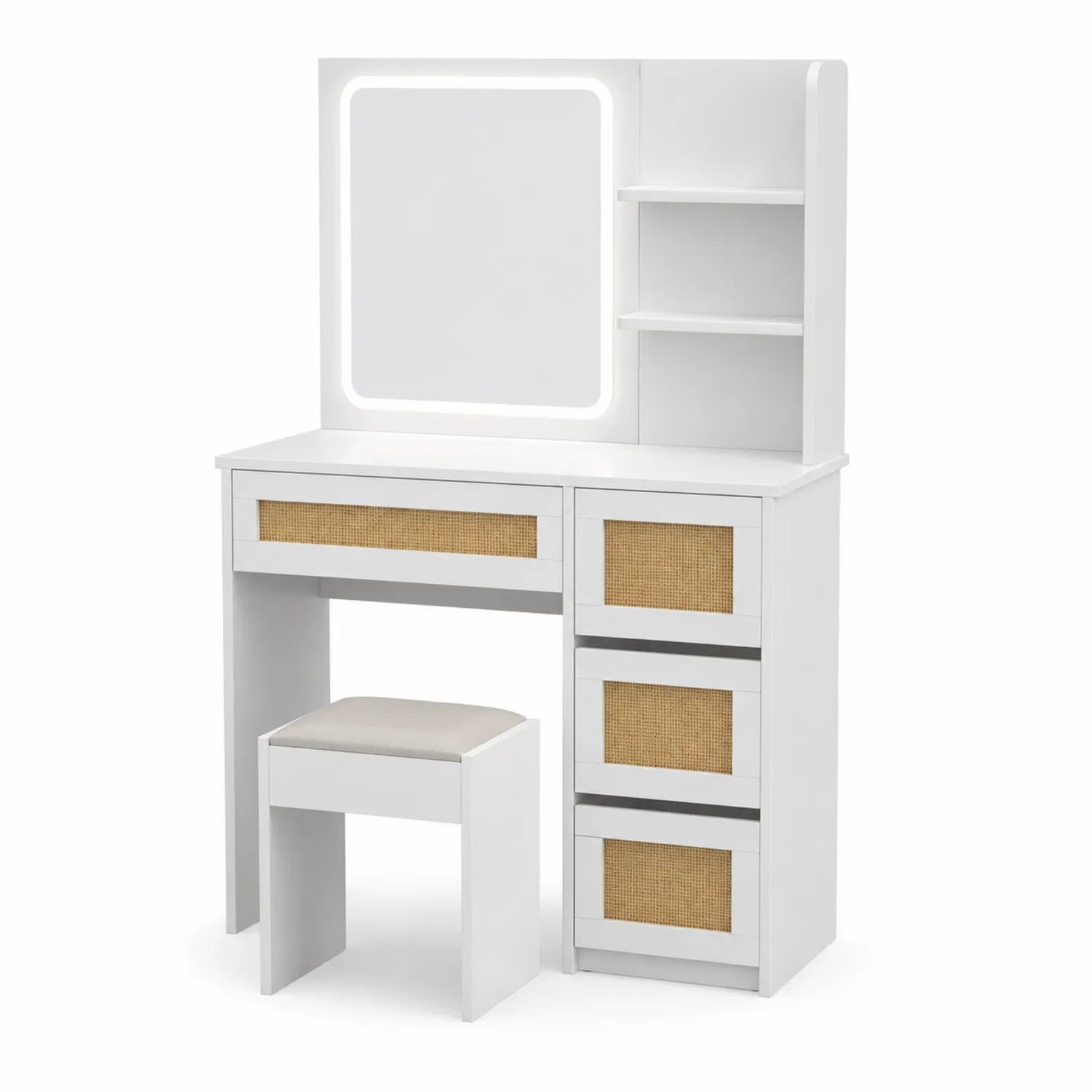 Coiffeuse en bois avec miroir LED et tabouret