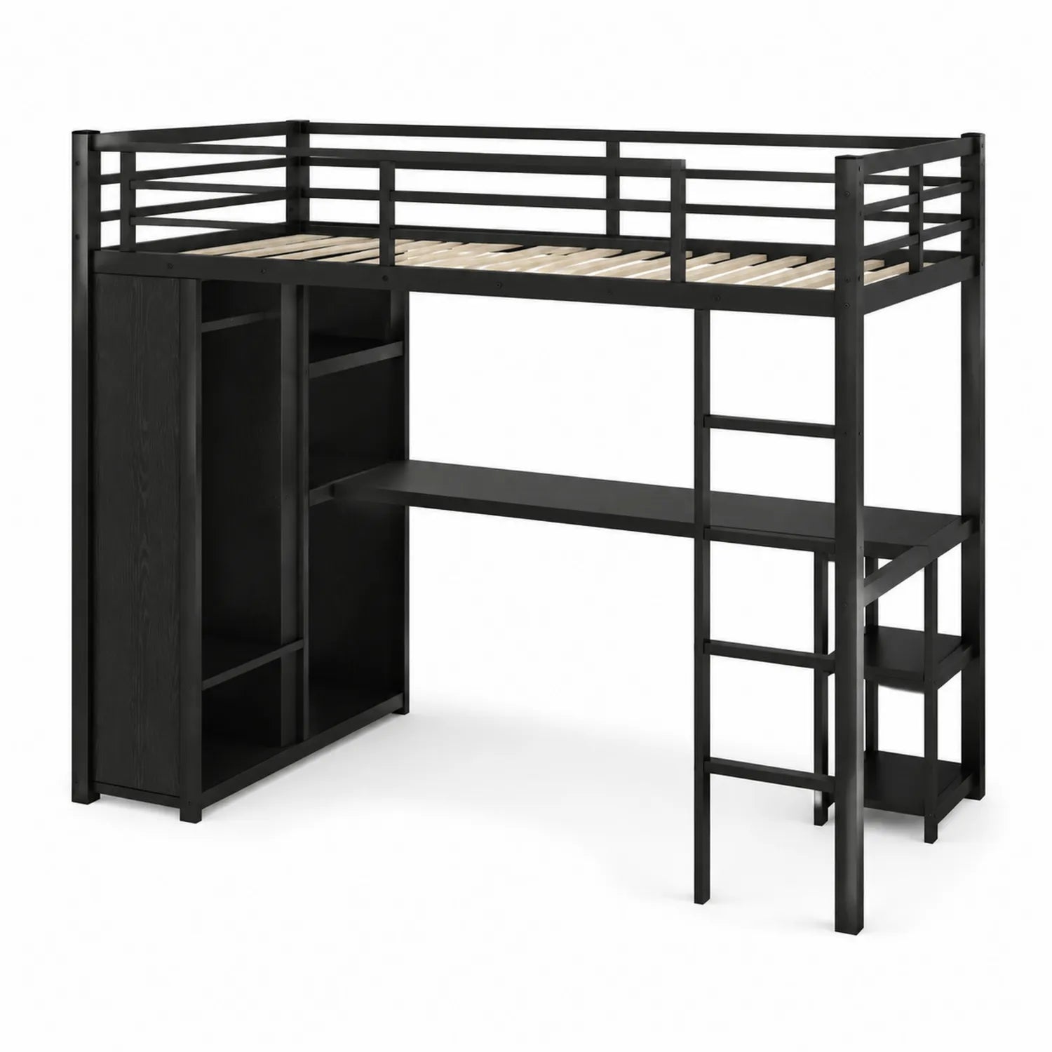 Lit mezzanine en métal noir avec bureau intégré et étagères