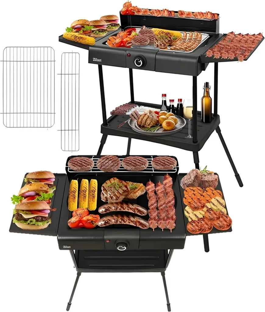 Grill Électrique Multifonction 2400W - Utilisation Intérieure et Extérieure - Avec Support et Thermostat Réglable