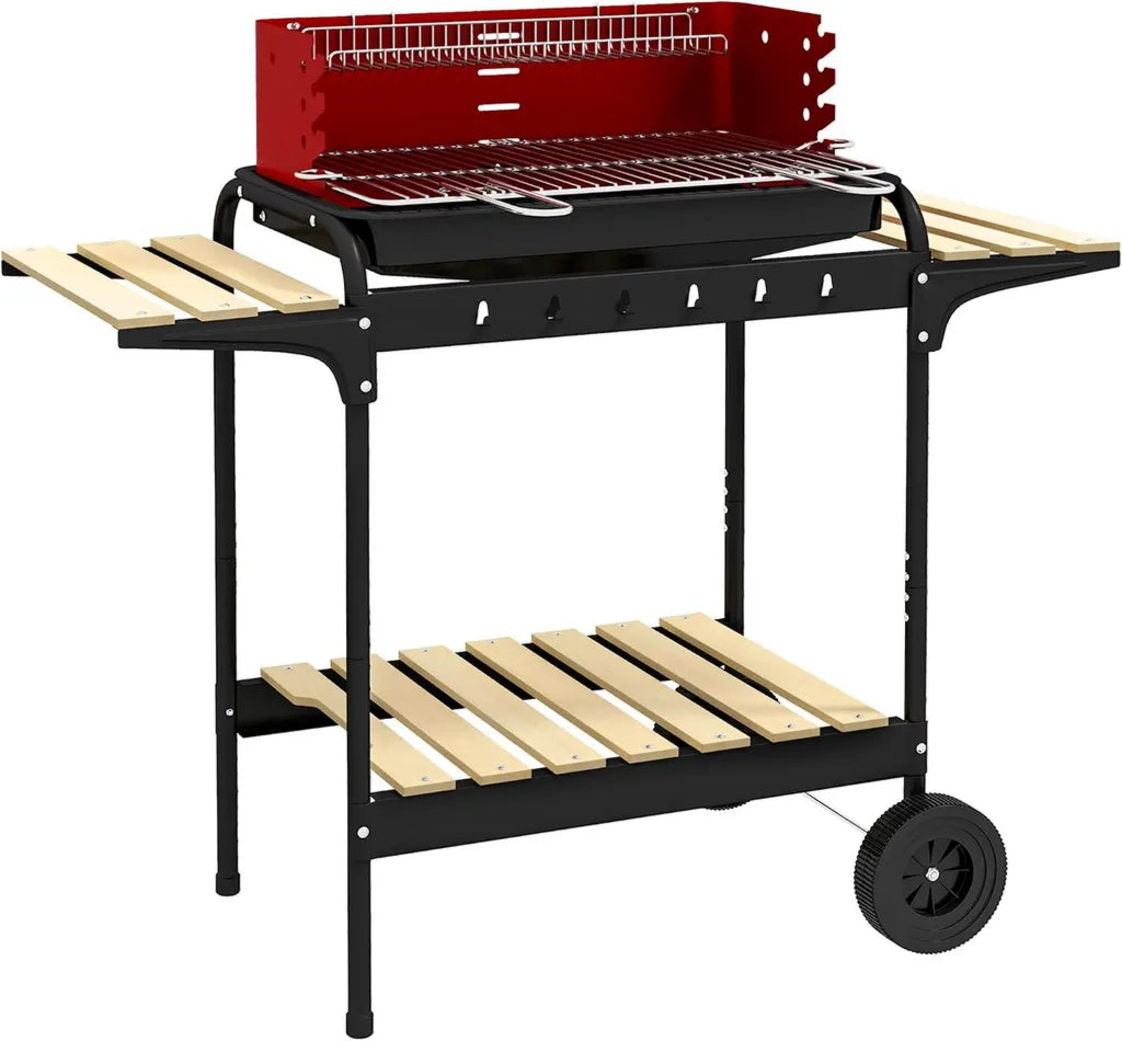 Grill à Charbon Outsunny avec Grille Réglable, Roues et Étagères, Rouge