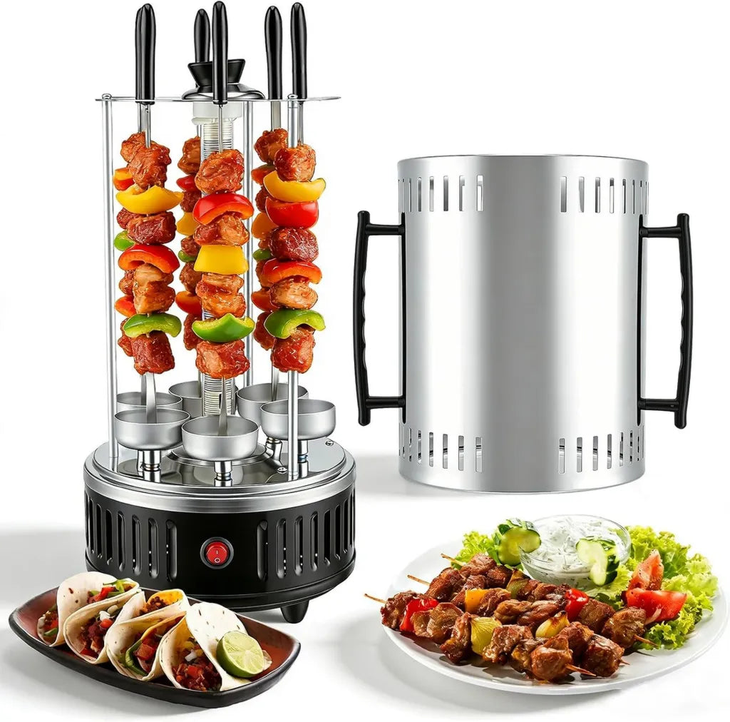 Grill Électrique Vertical 1000W, Rôtissoire Inox avec 12 Brochettes, 2 Tubes Chauffants – Sans Fumée, 360° Kebab pour Maison et Jardin