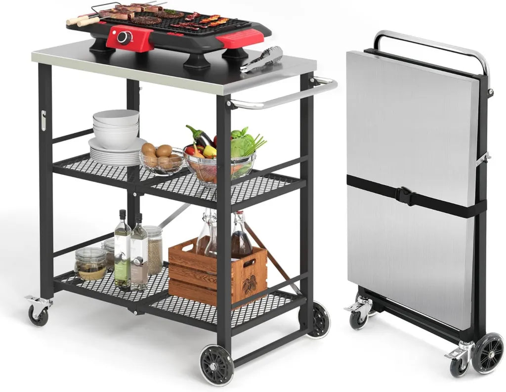 Chariot de Jardin 2 Niveaux pour Barbecue avec Roulettes et Crochets