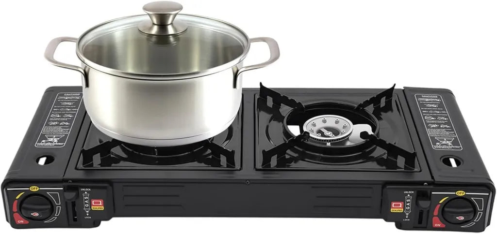 Gril à gaz portable 2 feux avec plaque pour camping et extérieur