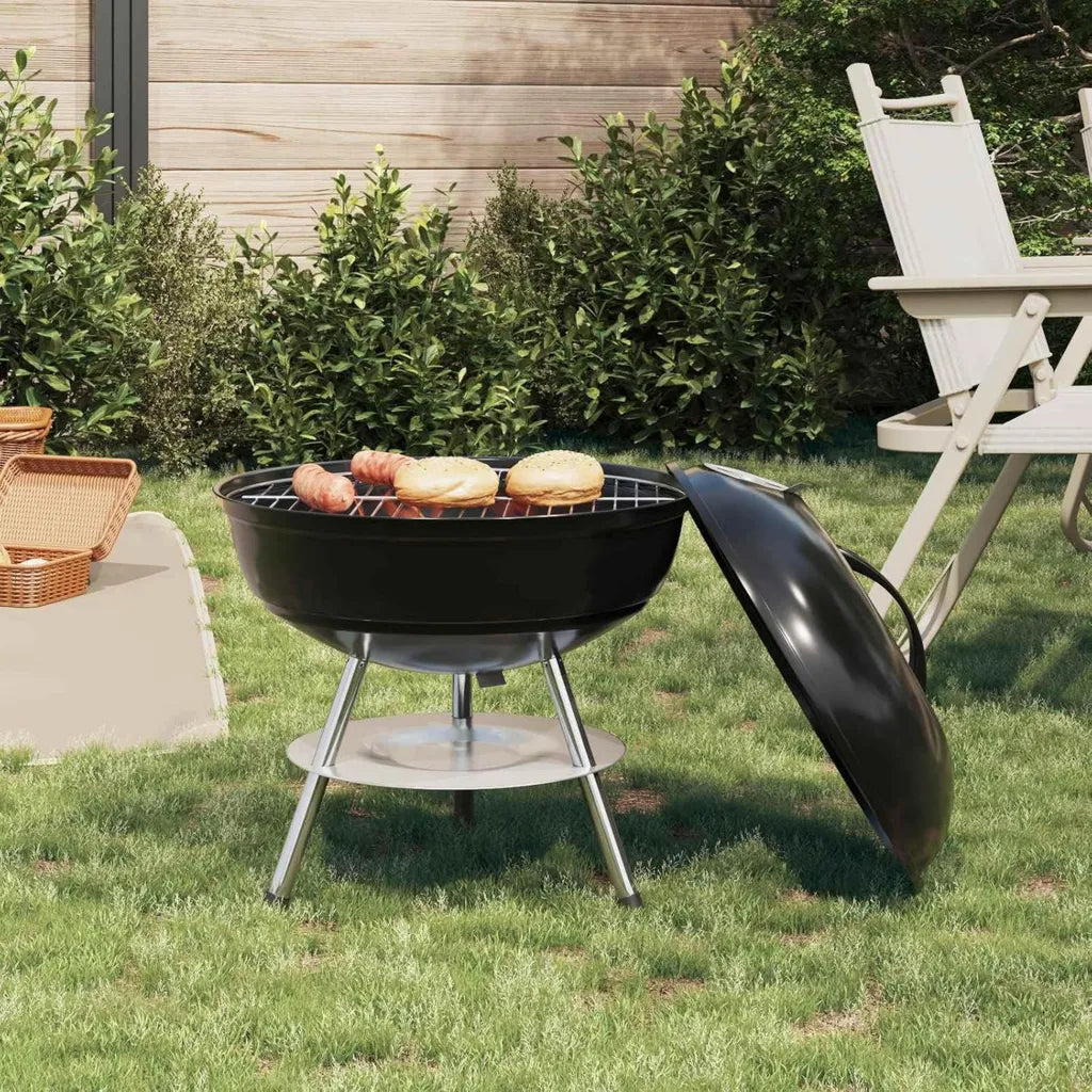 Grill au charbon en acier avec couvercle et valve, compact 36,5 cm, idéal jardin et terrasse