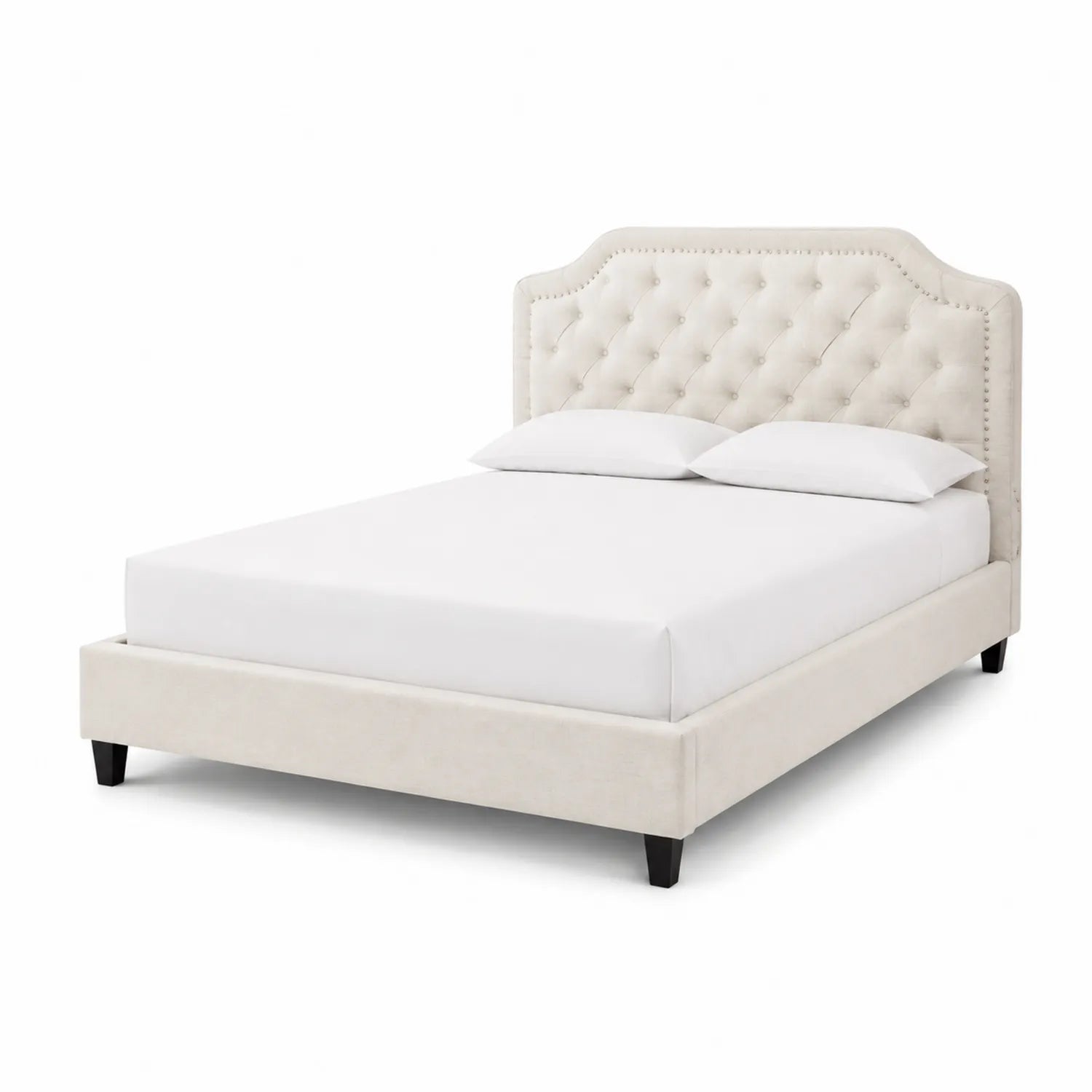 Lit double en bois et tissu avec tête de lit capitonnée Beige 140x200 cm