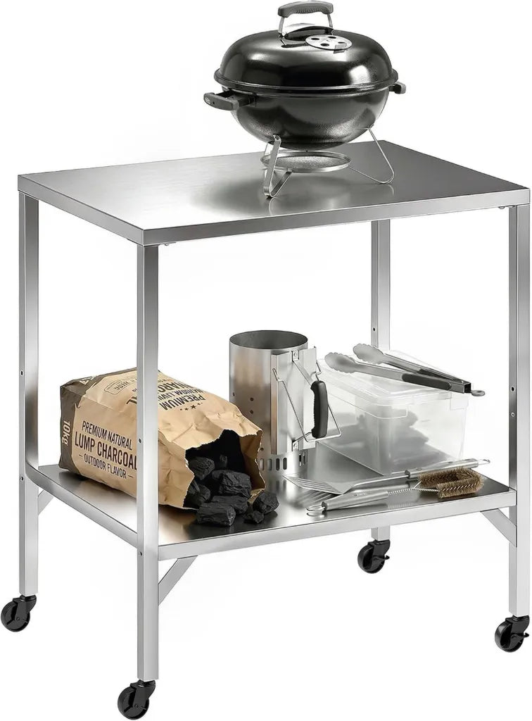 Outsunny Chariot de Barbecue en Acier - Table de Préparation Extérieure avec Roulettes, 85x60cm, pour Four à Pizza et Grill, Argenté