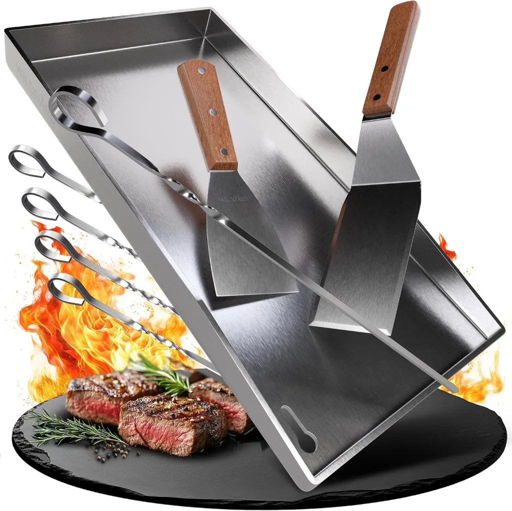 Plancha en inox pour barbecue gaz et charbon, 44,5x26 cm, avec spatules et brochettes