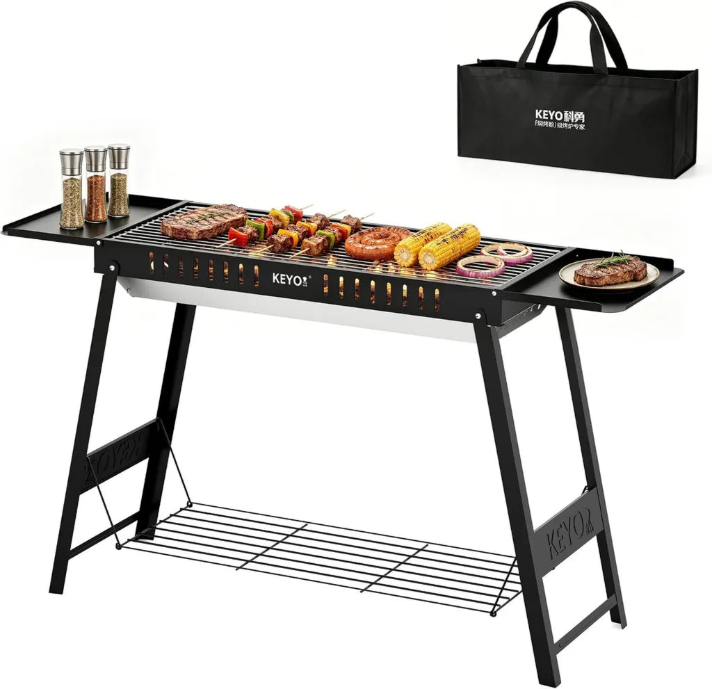 Barbecue Portable à Charbon KEYO GRILL, Grande Surface de Cuisson 345 po², Grille Chromée avec Pieds Pliables, Idéal pour Jardin et Patio (121x33x67cm)