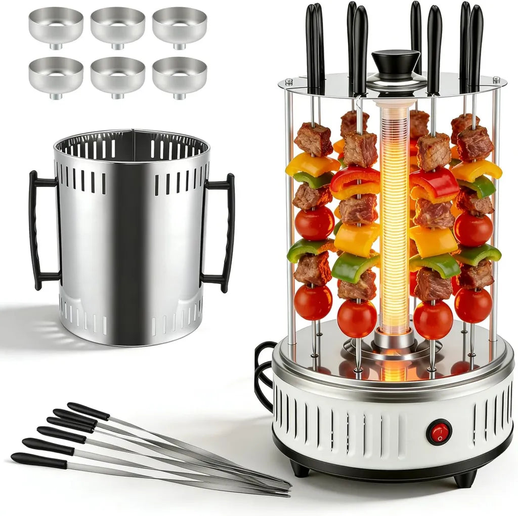 Gril Vertical Électrique 1000W, Shish Kebab avec 6 Brochettes, Rôtissoire de Table Innovante