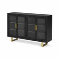Buffet rectangulaire 4 portes en bois et verre trempé avec pieds en acier doré