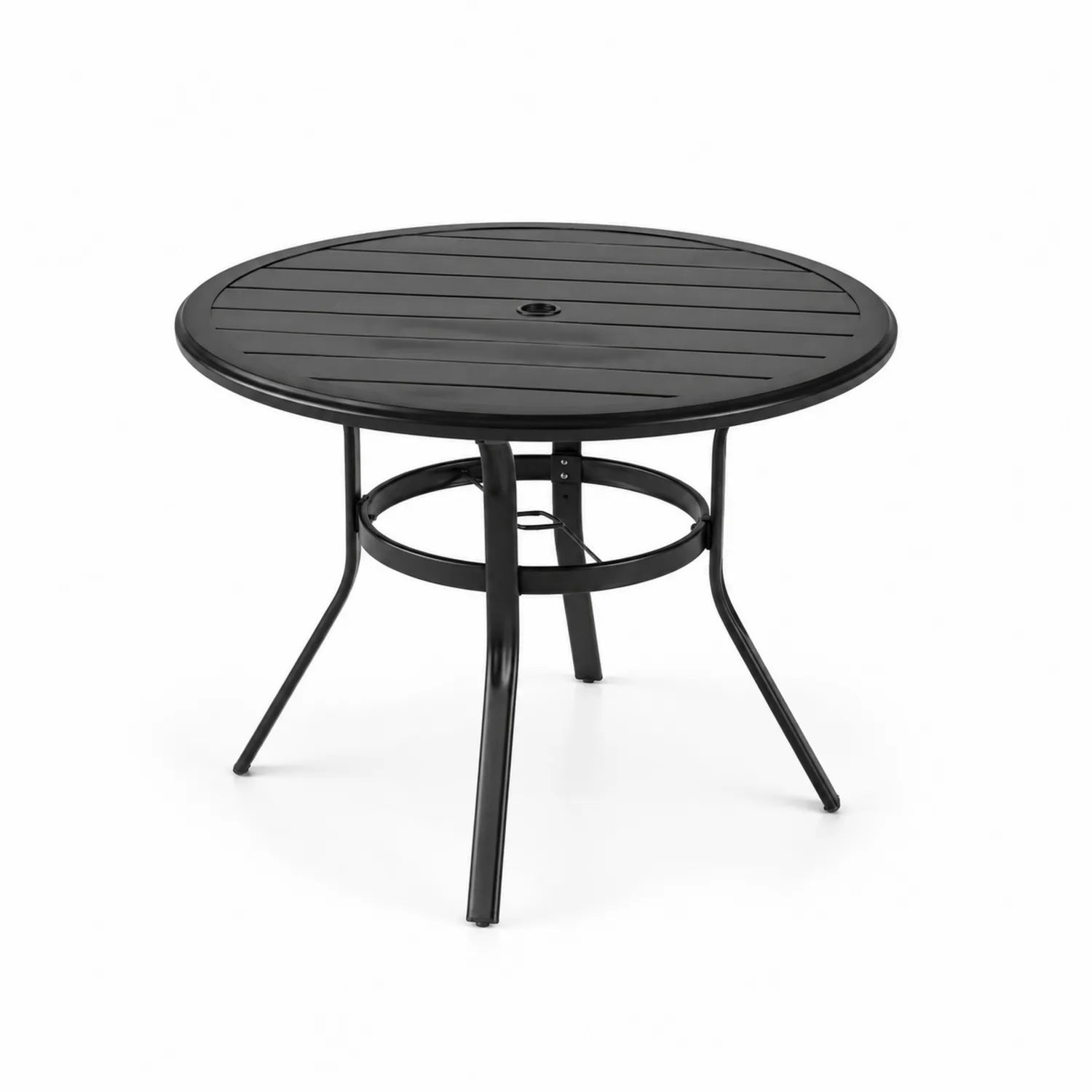 Table ronde en métal noir avec trou pour parasol
