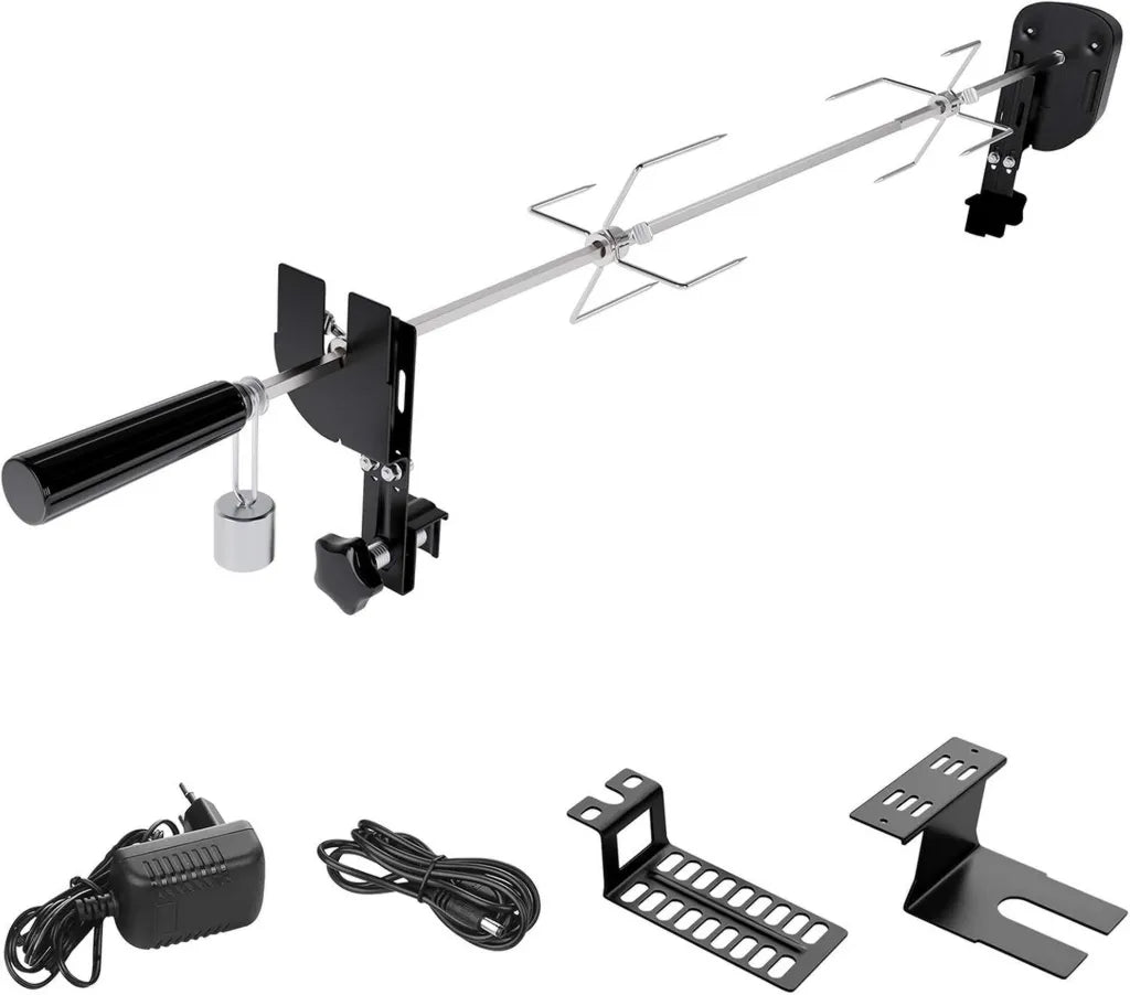 Kit de Rôtisserie Électronique avec Pinces à Viande et Moteur USB, pour Grils et Barbecues, Longueur Réglable 69-137cm