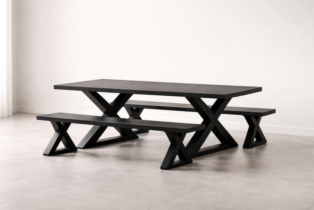 Black Solid Wood Dining Table Set with Benches