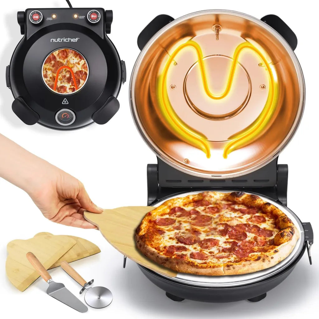 Four à Pizza Électrique NutriChef - Pierre de 30 cm, Thermostat & Thermomètre, Chauffage Jusqu'à 425°C, Cuisson Rapide & Fenêtre, Nettoyage Facile - Noir