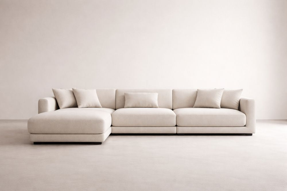 Beige Fabric L-Shaped Sectional Sofa with Cushions